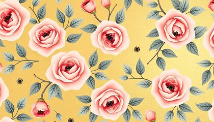 Naklejka premium Pastel Pink Roses and Green Leaves on Yellow Background