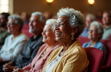 Fototapeta premium Elderly community members joyfully gathered in church. African American woman smiles happily in center. Friends, family surround. Positive atmosphere. Generational connection. Warm, loving