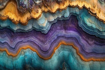 Obraz premium Striking layered gemstone, vibrant purple, teal, and gold hues create a mesmerizing abstract geological texture.
