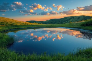 Naklejka premium Grassy field with a pond and a mountain in the background