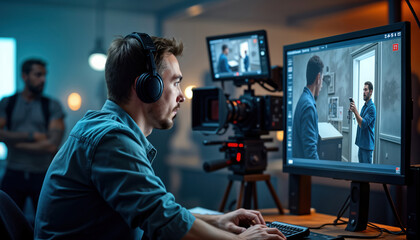 Filmmaker uses AI assistant for scene planning. AI provides virtual storyboard adjustments. Film equipment, busy set background. Modern studio setting. Collaboration between filmmaker, AI tech.