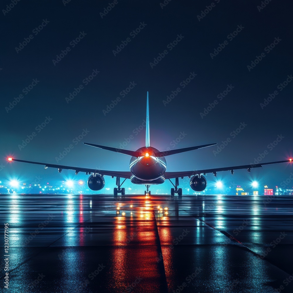Poster airplane awaits takeoff on illuminated runway surrounded by bright navigation lights at night. gener