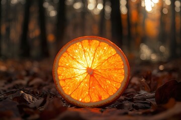 Backlit orange slice rests on autumn leaves in a forest, showcasing vibrant colors and textures.