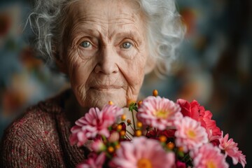 Elderly woman holding a bouquet of flowers in front of her face, portrait