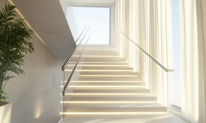 Obraz premium A Sleek Staircase Design Includes a Metal Railing with Bold Geometric Features, Perfect for Modern Interiors