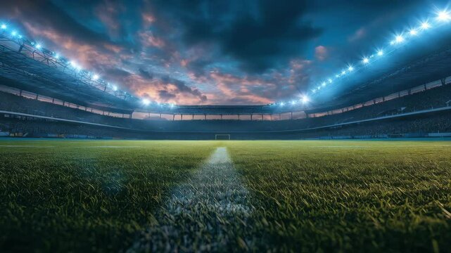 Dramatic stadium lights illuminate football field at twilight