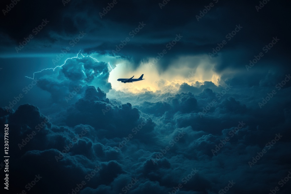 Poster Airplane navigates through turbulent stormy clouds with lightning illuminating the sky. Generative AI