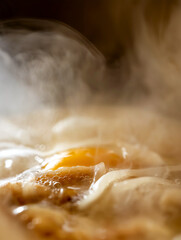 Extreme close-up of tonkotsu ramen with chashu pork and soft-boiled egg