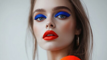 Fototapeta premium Young caucasian female with bold makeup and blue eyeshadow