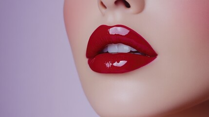Close-up of female lips with glossy red lipstick against soft background