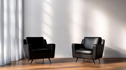 Two modern black armchairs in sunlit minimalist room with wooden floor and sheer curtains
