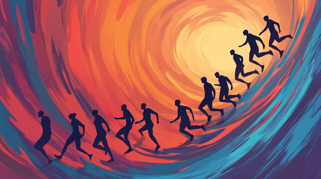 Business team running on infinite loop symbolizing endless work cycle. Eternal Path. Illustration