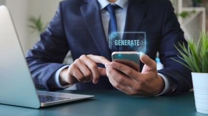 Businessman using smartphone with Generate interface.  Digital technology concept. Mobile application development.