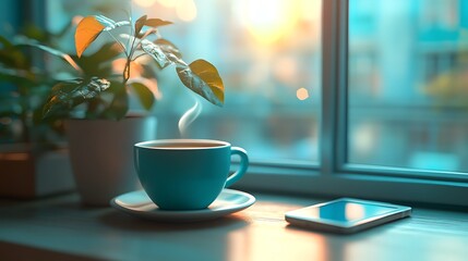 A cup of coffee and an smartphone on the table, soft lighting, blurred background