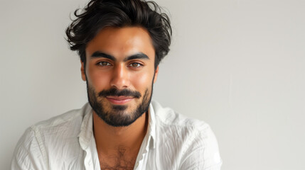 Obraz premium Portrait of a person. Pakistani man male in white shirt. Studio with white background close-up 