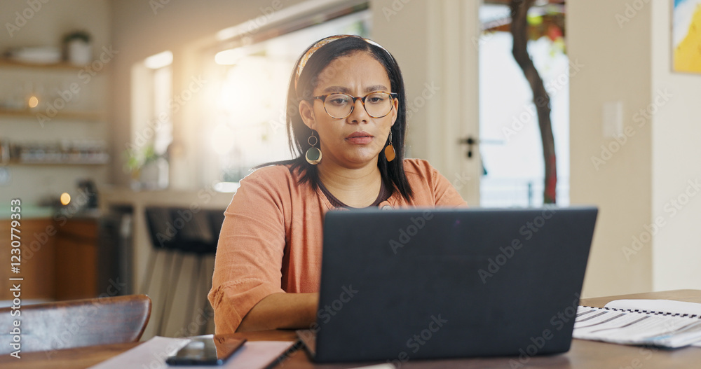 Poster laptop, remote work and confused woman with documents for client consulting, tech support or custome