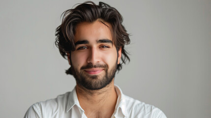 Fototapeta premium Portrait of a person. Pakistani man male in white shirt. Studio with white background close-up 