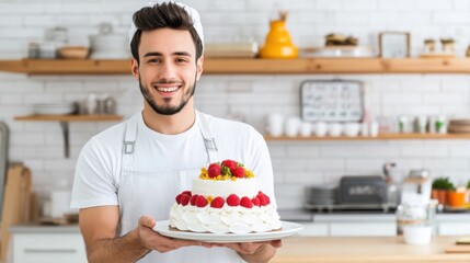 Happy Baker Holding Exquisite Cake Decorated with Raspberries and Flowers in a Bright Modern Bakery Setting