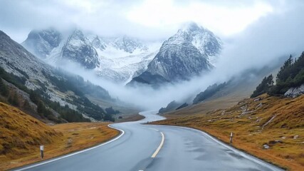 Winding mountain road leads to snowy peaks shrouded in mist and low clouds