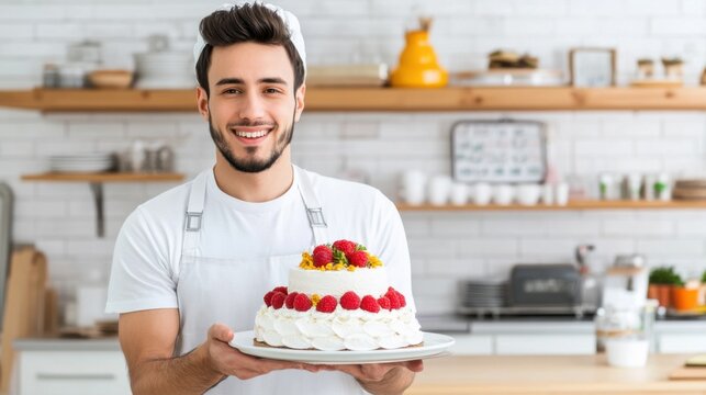 Happy Baker Holding Exquisite Cake Decorated with Raspberries and Flowers in a Bright Modern Bakery Setting