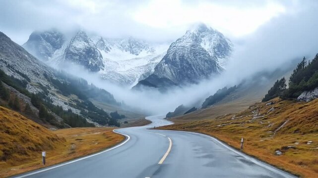Winding mountain road leads to snowy peaks shrouded in mist and low clouds