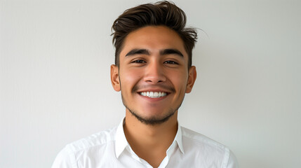 Portrait of a person. Peruvian man male in white shirt. Studio with white background close-up