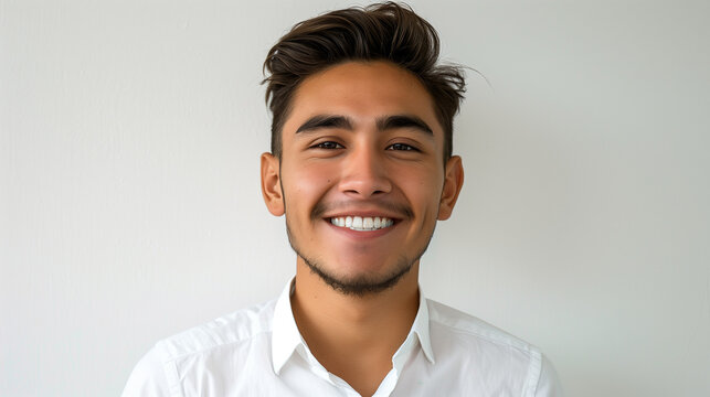 Portrait of a person. Peruvian man male in white shirt. Studio with white background close-up