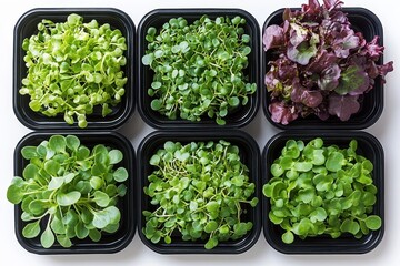 Variety of microgreens arranged on a white kitchen table in bright lighting