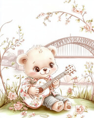Cute bear playing guitar in floral setting with bridge in background. illustration captures whimsical and joyful atmosphere, perfect for children art