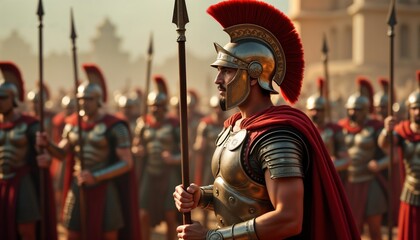 Ancient Greek hoplite in bronze armor stands defiantly against Persian army. Soldier holds spear. Historical battle scene. Warrior in ancient Greece. Military conflict. Epic historical photo.