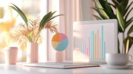 Cozy home office workspace with laptop plants and data visualization