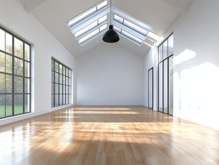 Obraz premium A large room with a wooden floor and a black light hanging from the ceiling. The room is empty and has a lot of windows