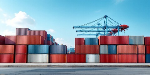 Shipping container terminal with colorful cargo boxes and large crane. International trade and logistics hub. Commercial port infrastructure for global freight transport