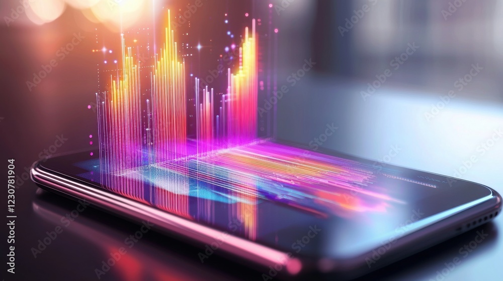 Poster vibrant digital lights display futuristic data visualization in dynamic motion