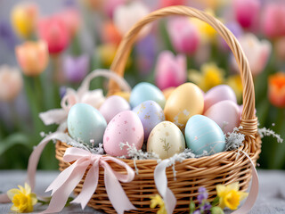 Woven basket filled with colorful Easter eggs and a pink ribbon surrounded by blooming spring tulips in a garden