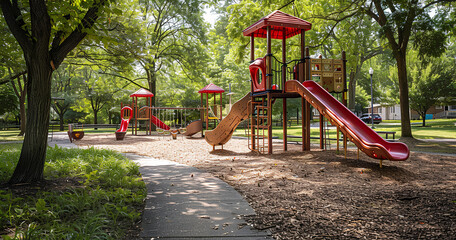 Colorful playground equipment under a bright sky surrounded by green trees on a sunny day in a community park