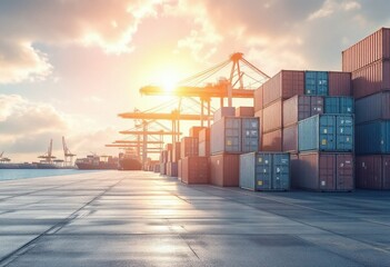 Cargo containers at sunset in industrial port. Shipping terminal with cranes and stacked freight boxes. Global trade and logistics concept. Golden hour