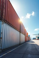 Stacked shipping containers at port terminal on sunny day. Industrial logistics and global trade concept. Commercial cargo transport infrastructure