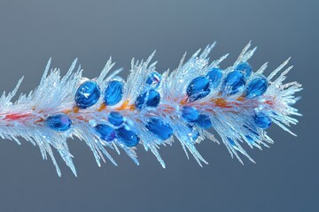 Fototapeta premium Frozen plant stem with vibrant blue water droplets, intricate ice crystals, and a striking contrast against a muted background.