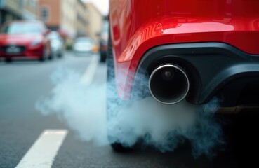 Close-up view of car exhaust pipe emitting thick smoke. Red car exhaust pipe blows out white smoke. Urban street scene in background. Pollution from vehicle exhaust. Environmental concern. Automotive