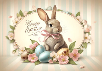 Vintage Easter Card with Bunny on Striped Background