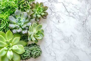 Minimalist flat-lay showcasing diverse succulents on a white marble background