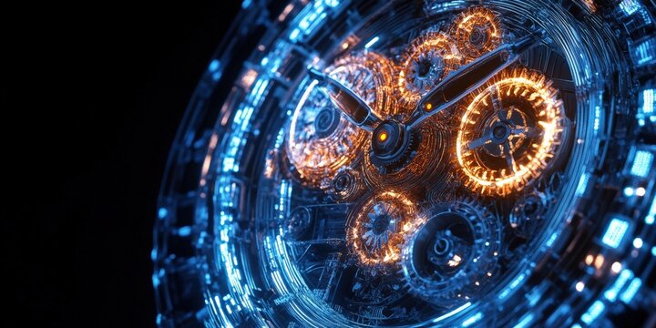 Intricate clock mechanism showcase studio digital dark background close-up timekeeping innovation