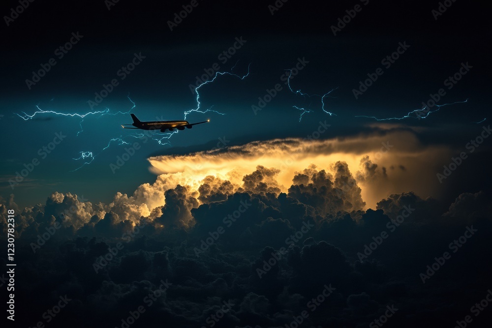 Poster airplane navigates stormy clouds illuminated by lightning during evening flight near turbulent weath