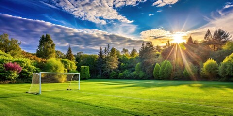 A football field under a bright sunny sky with green grass and goalposts, surrounded by trees and flowers, outdoor game, nature landscape