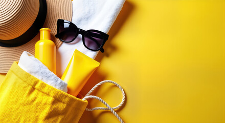 Yellow beach bag with sunscreen lotion hat, sunglasses. Beach essentials for safe sun exposure. Health, safety concept for skin cancer awareness month. Top view photo. Bright yellow background.