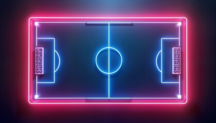 Futuristic neon football field scheme. Virtual sportive game with glowing pink, blue outline. 3D render of cyber sport arena. Digital concept for soccer match. Abstract illustration of football
