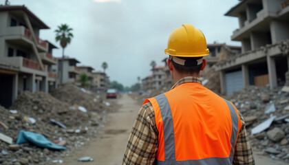 Construction site after natural disaster. Worker in safety vest, helmet looks at damaged buildings. Debris, rubble everywhere. Emergency preparedness needed. Natural disaster caused destruction. No
