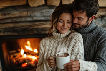 Cozy couple enjoying hot chocolate by a fireplace, embracing warmth and love on a winter evening.