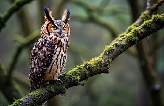 Great horned owl rests on mossy branch. Animal looking attentively. Forest background blurred. Wild nature scene. Close up photo. Owl dark, light brown with yellow eyes. Avian predator. Wildlife